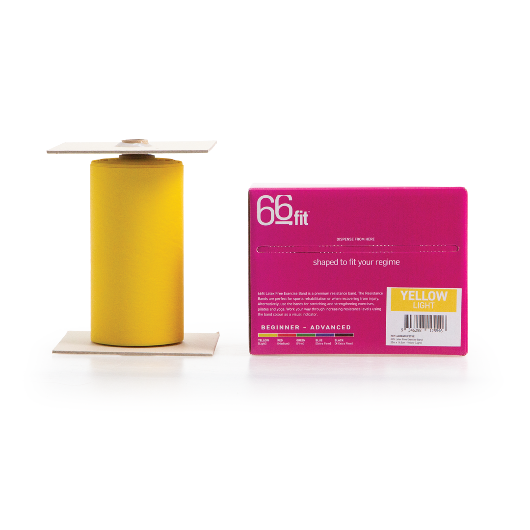 Yellow roll of wrap with a pink packaging box labeled '66fit' on a white background