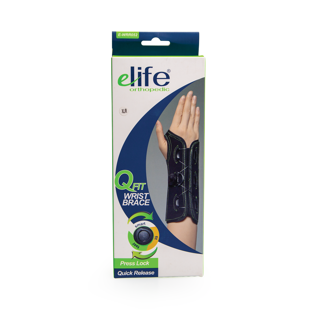 Q Fit Wrist Brace packaging with Elife orthopedic' branding on a white background