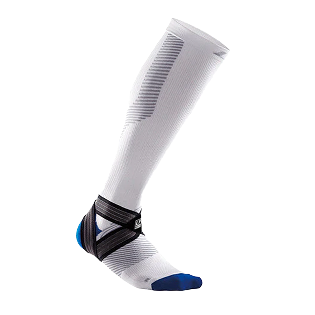 White knee-high sock with black support band on a white background