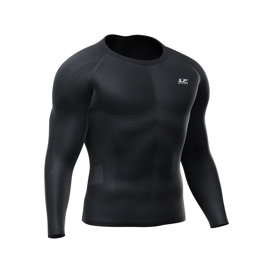 Black long-sleeve compression shirt with brand logo on a white background