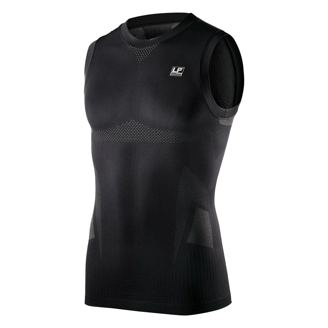 Black sleeveless compression shirt with brand logo on a white background