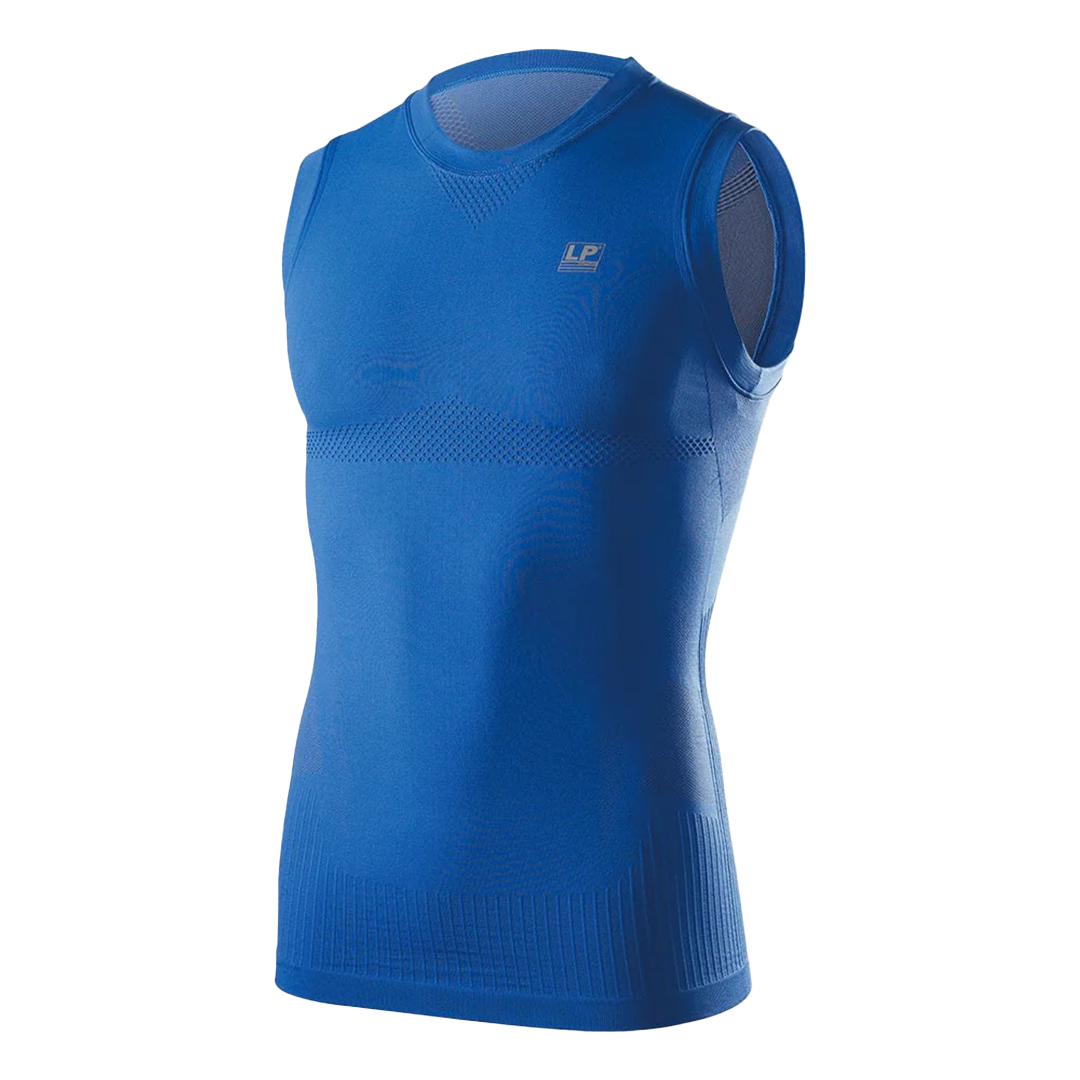 Blue sleeveless compression top on a white background