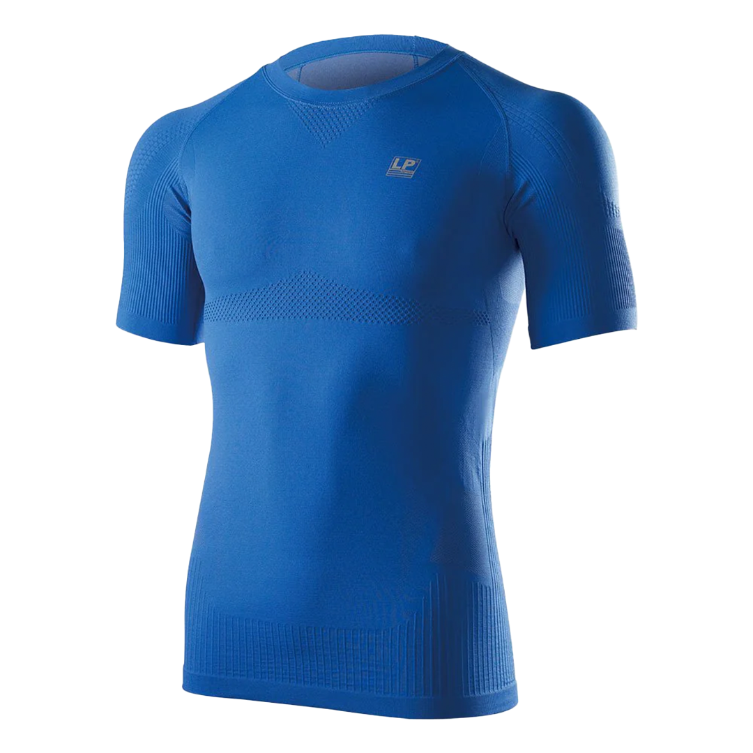 Blue compression shirt with a brand logo on a white background