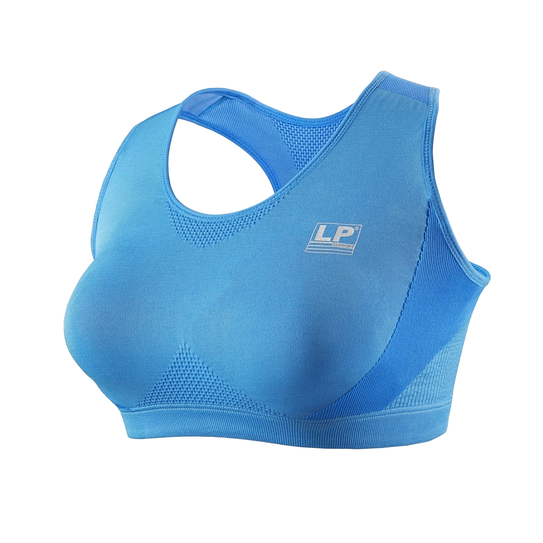 Blue sports bra with a brand logo on a white background