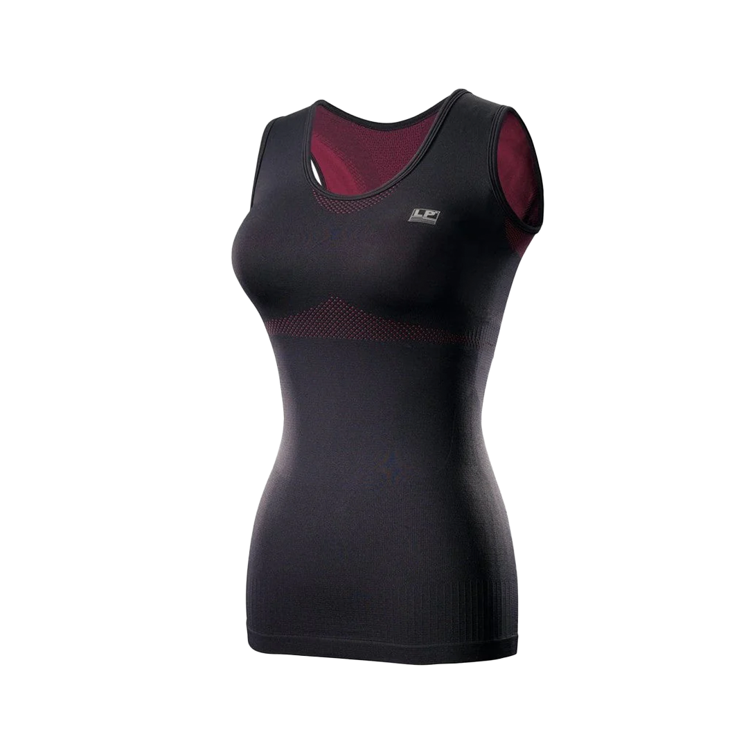 Black core compression top with red accents on a white background