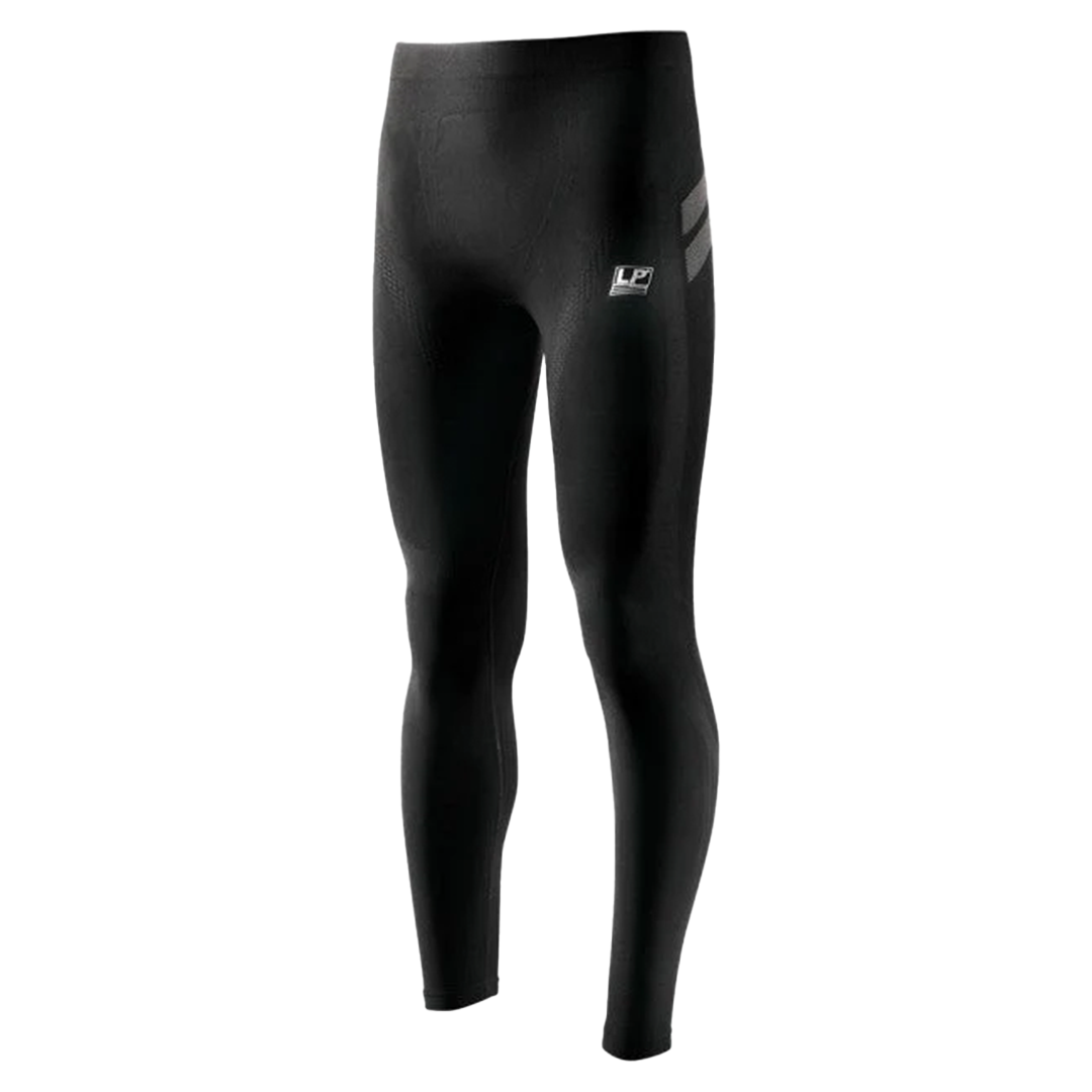 Black compression leggings with a logo on a white background