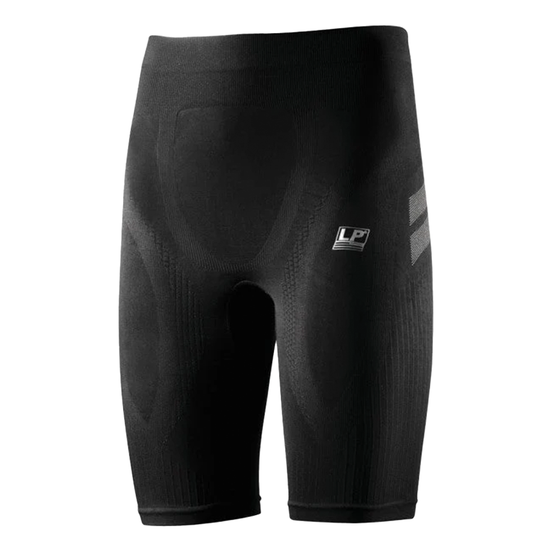 Black compression shorts with a brand logo on a white background
