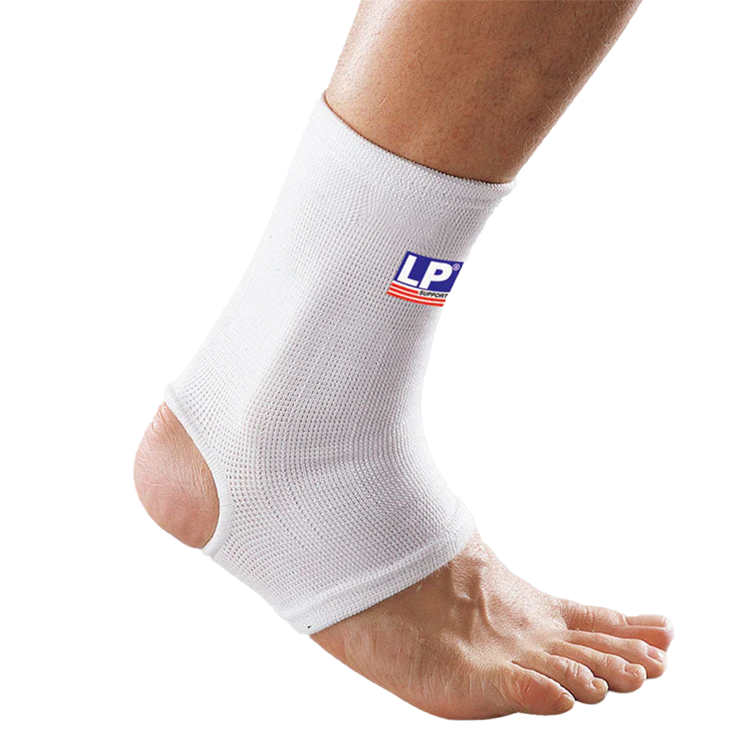 White ankle support brace on a person's foot with LP brand logo.