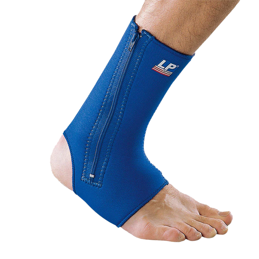 Blue ankle support brace on a person's foot with LP brand logo.