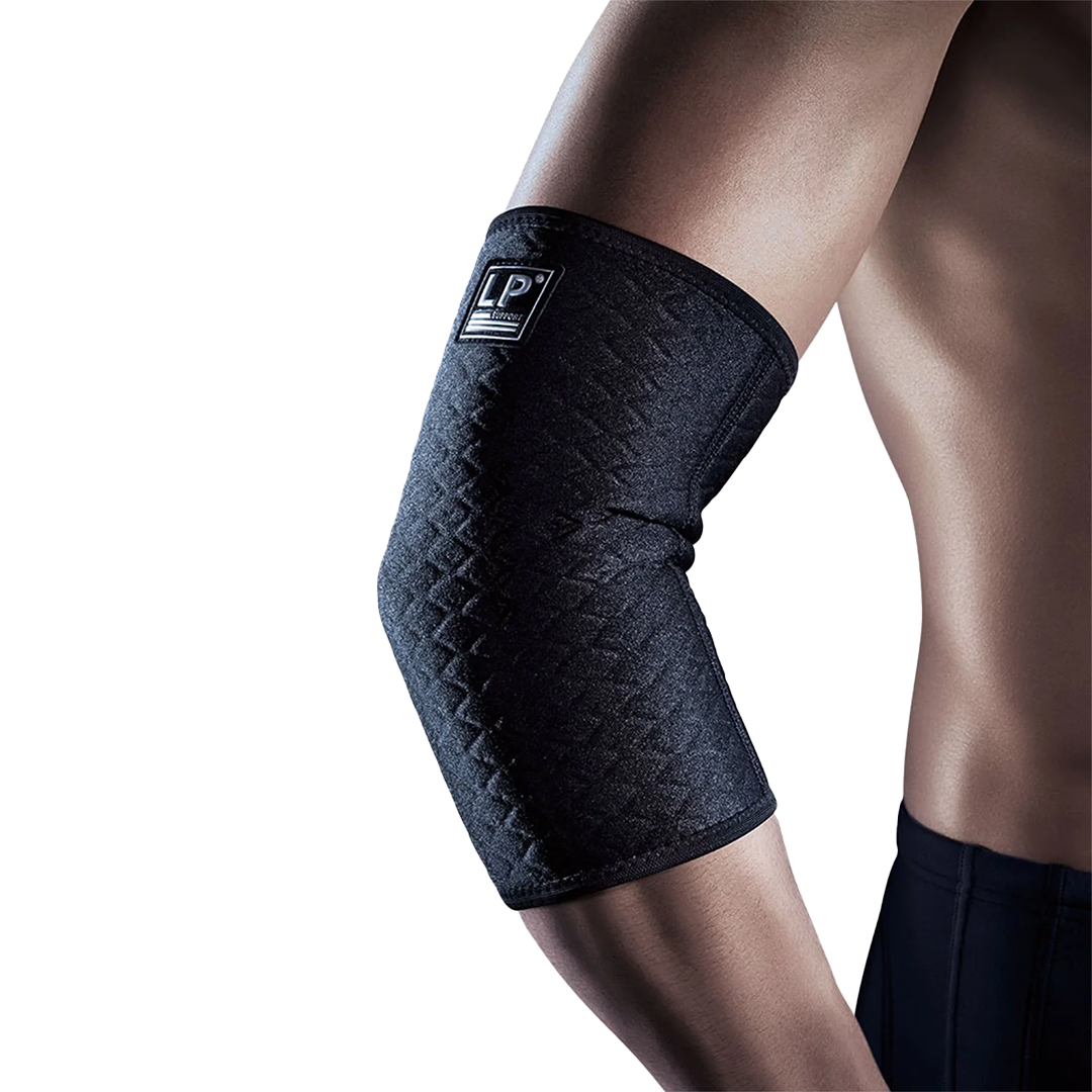 Black elbow pad on a person's arm with a white background