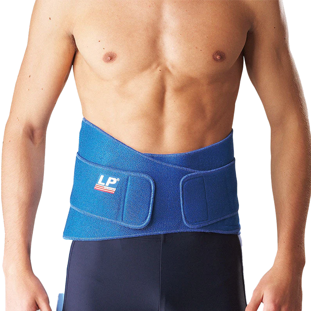 Blue LP support belt worn by a person on a white background