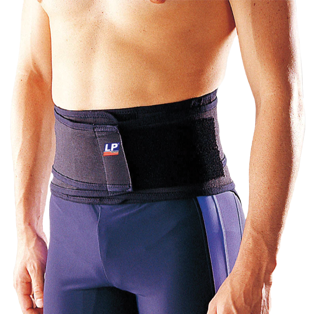 Person wearing a black LP support belt on a white background