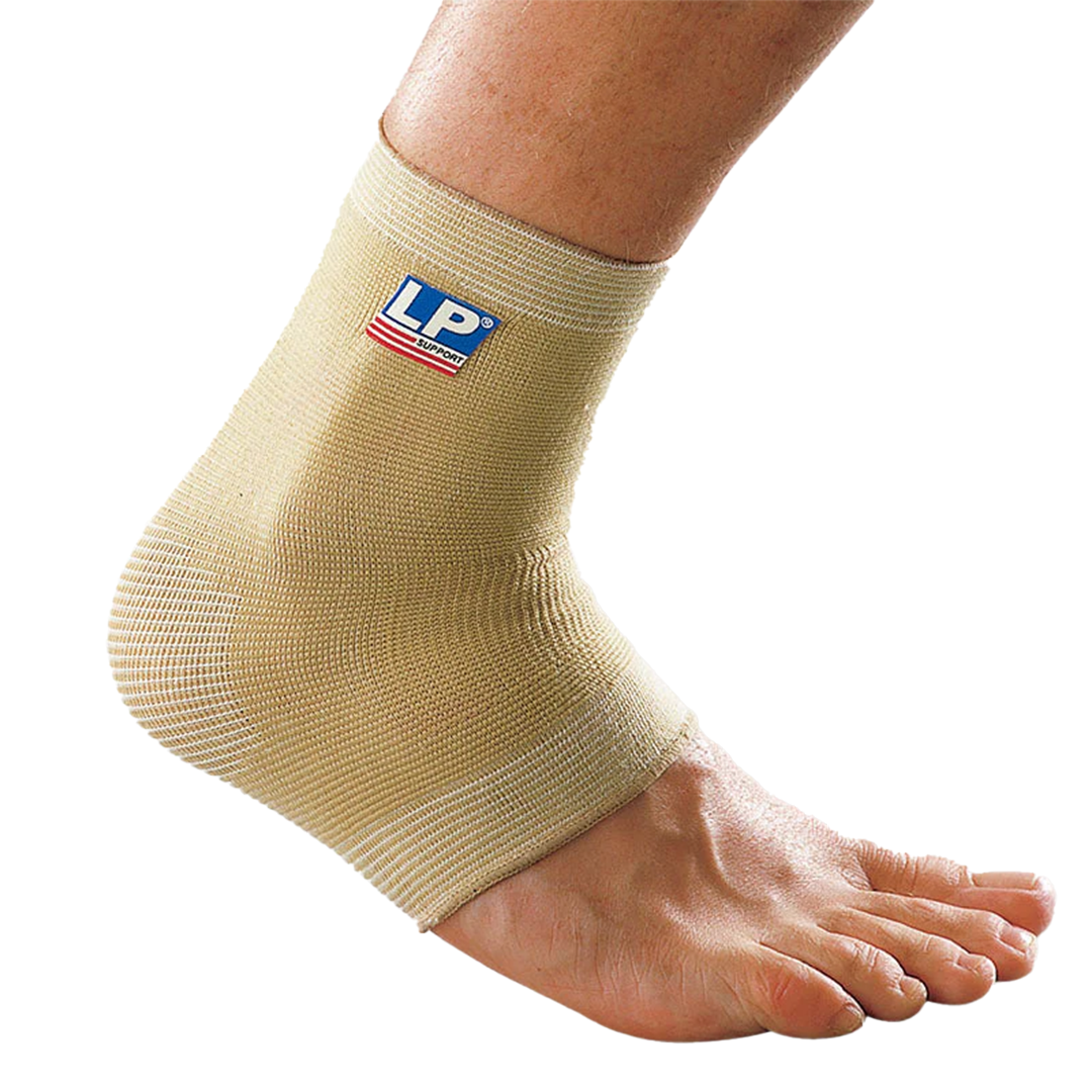 Beige ankle support brace on a foot with LP brand logo.