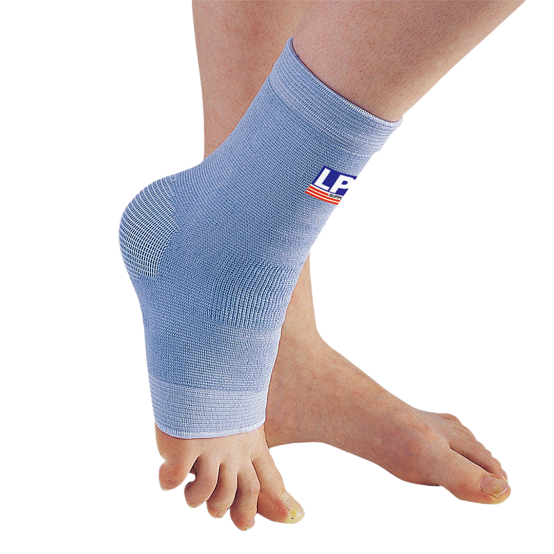 Blue ankle support brace on a person's foot with 'LP' branding.