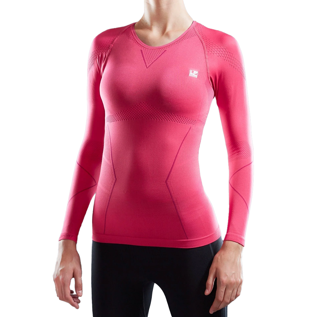 Pink long-sleeve athletic top on a white background