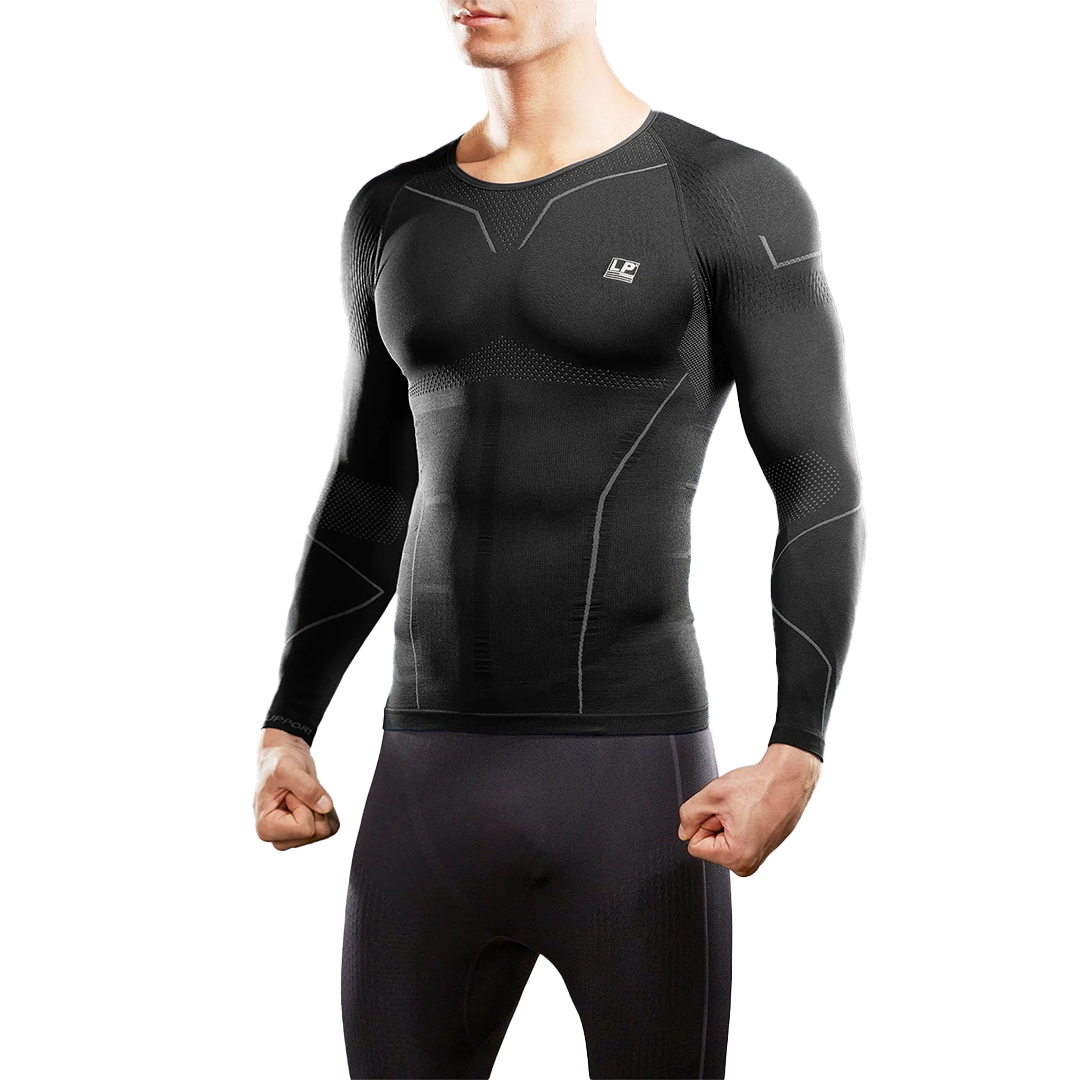 Person wearing a black compression suit on a white background