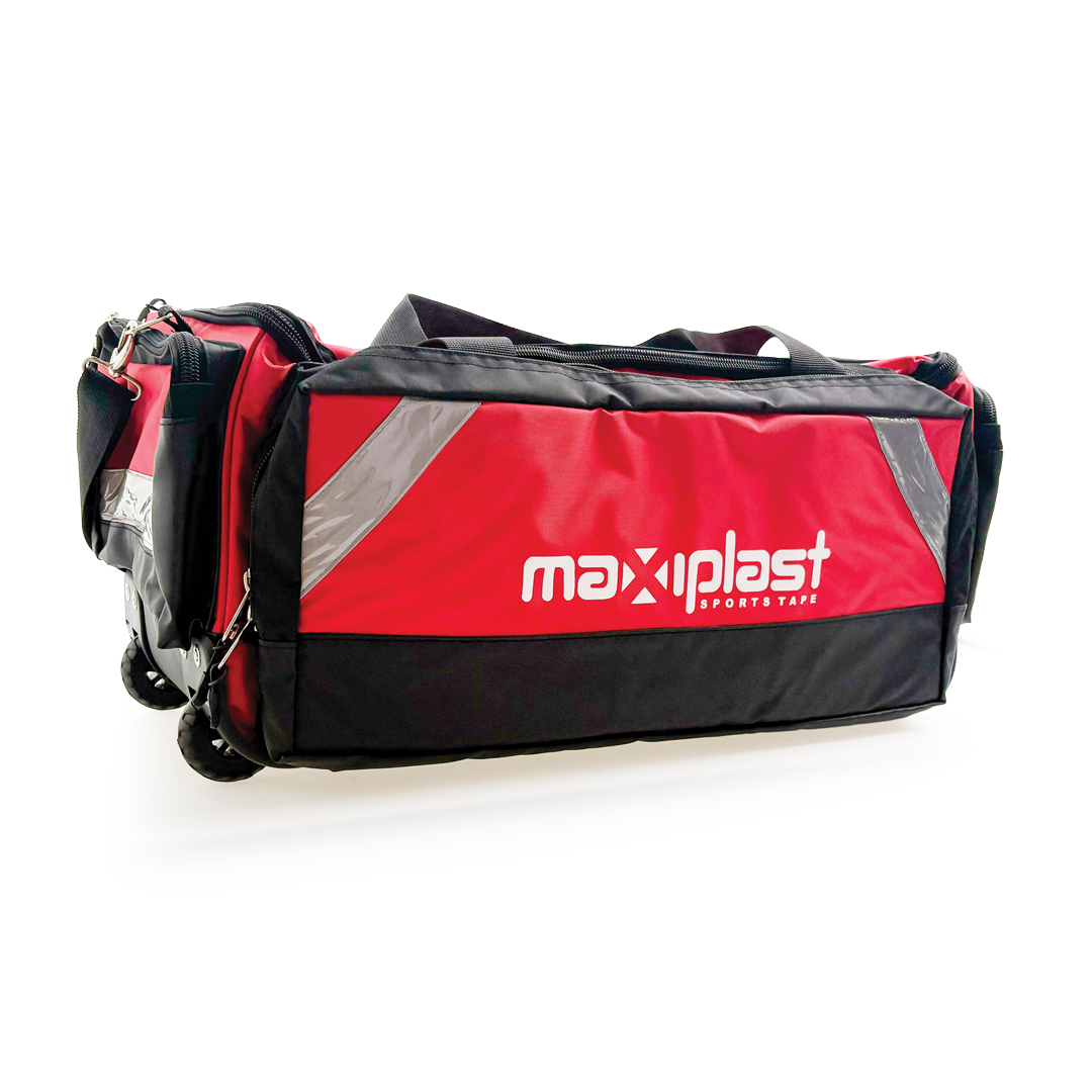 Red and black sports bag with 'maxiplast' branding on a white background