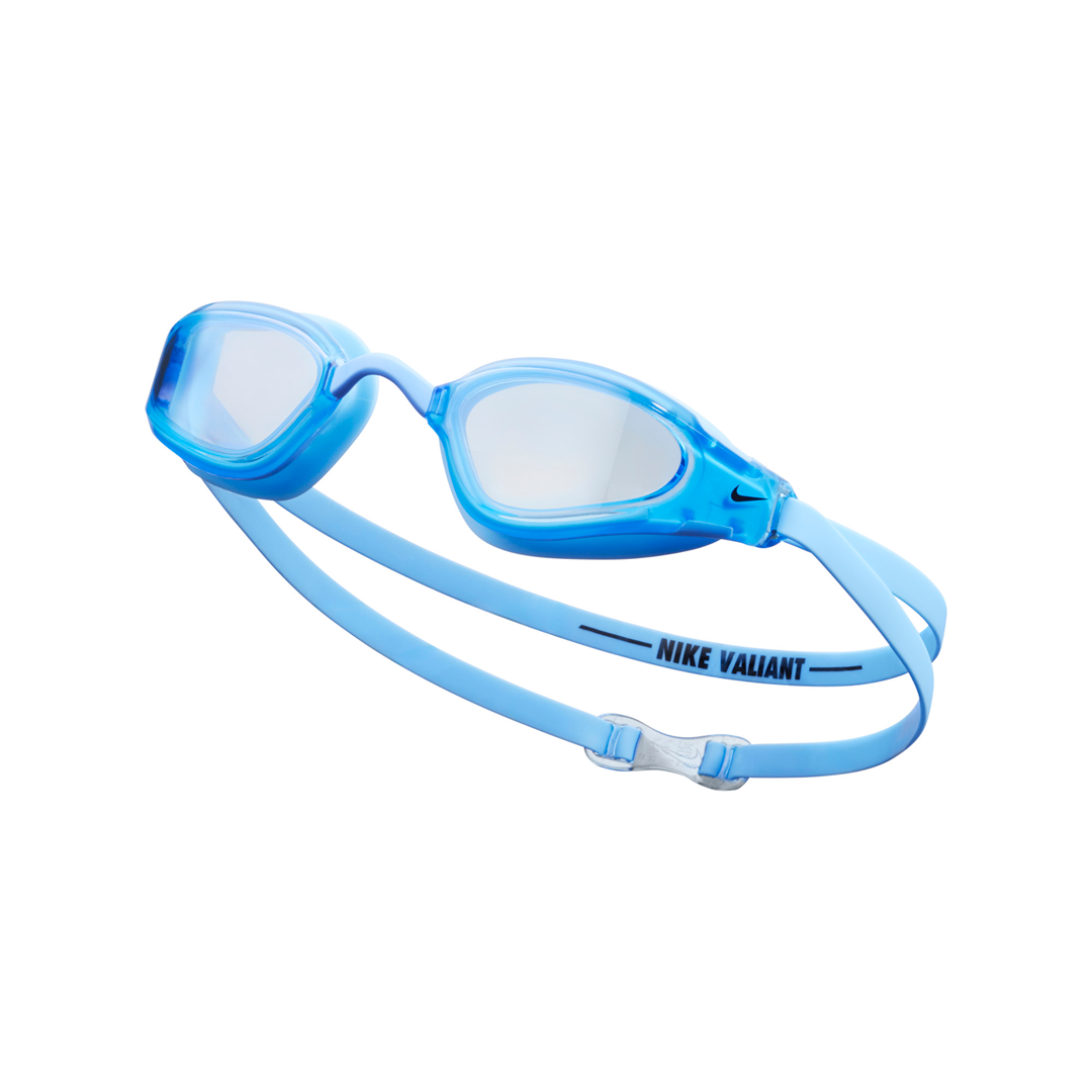 Blue swim goggles with 'Nike Valiant' branding on a white background