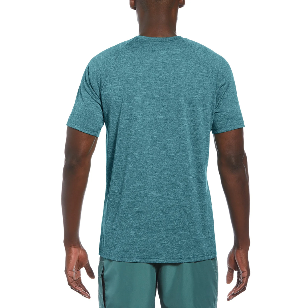 Person wearing a teal athletic outfit on a white background