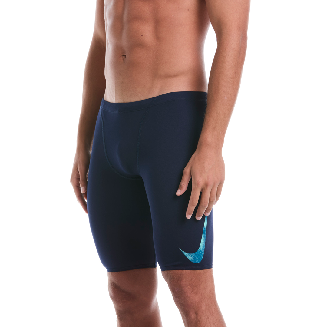 Navy swim shorts with a blue logo on a white background