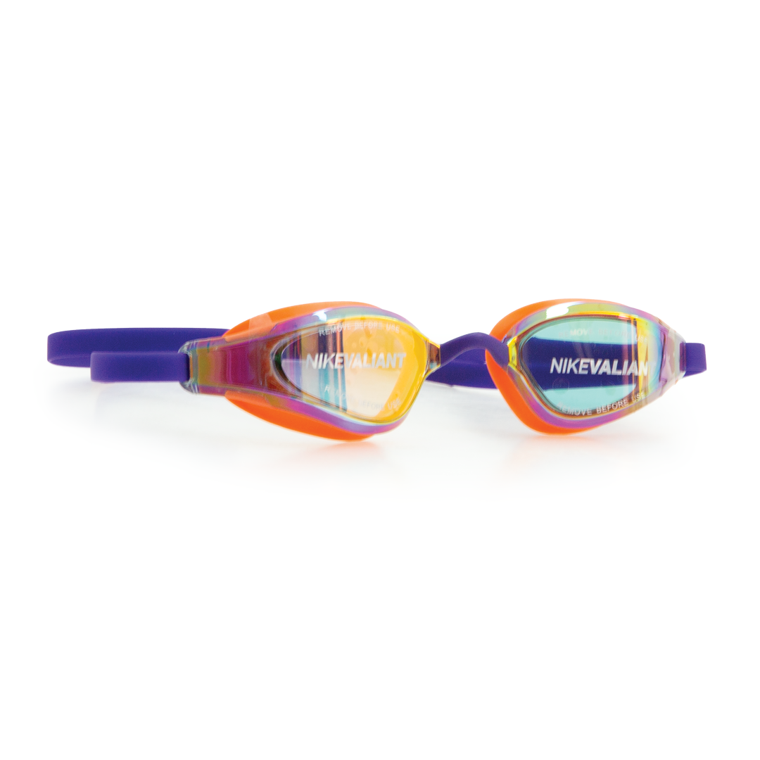 Multicolored swim goggles with Nikevalian branding on a white background