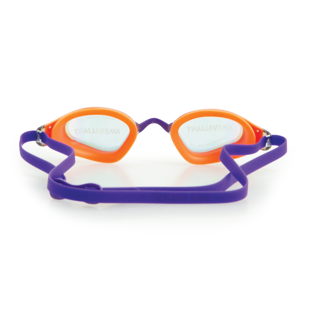 Orange and purple swim goggles on a white background