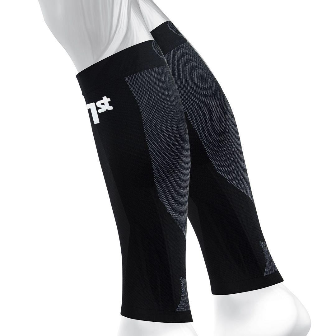 A pair of black OrthoSleeve Compression Calf Sleeves, designed for medical grade support of the achilles tendon and calf muscles.