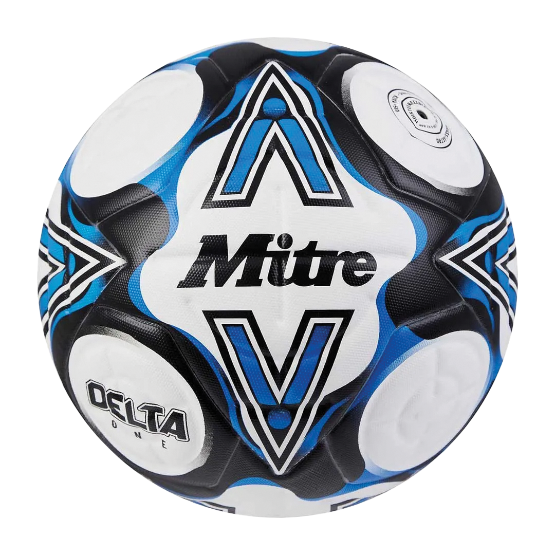 Mitre Delta One soccer ball with black, blue, and white design on a white background