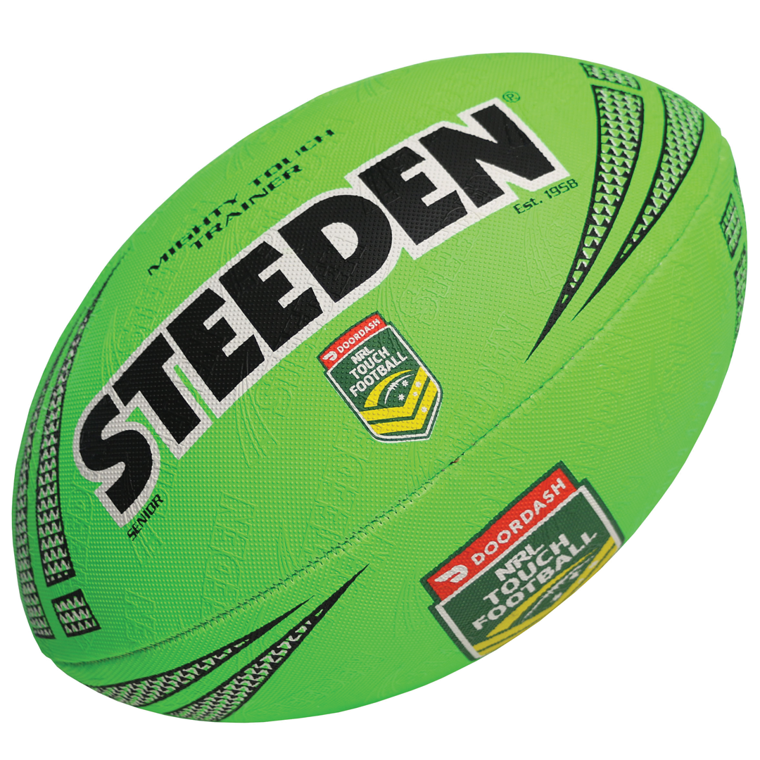 A green Steeden Mighty Touch rugby ball with black and white text and graphics.