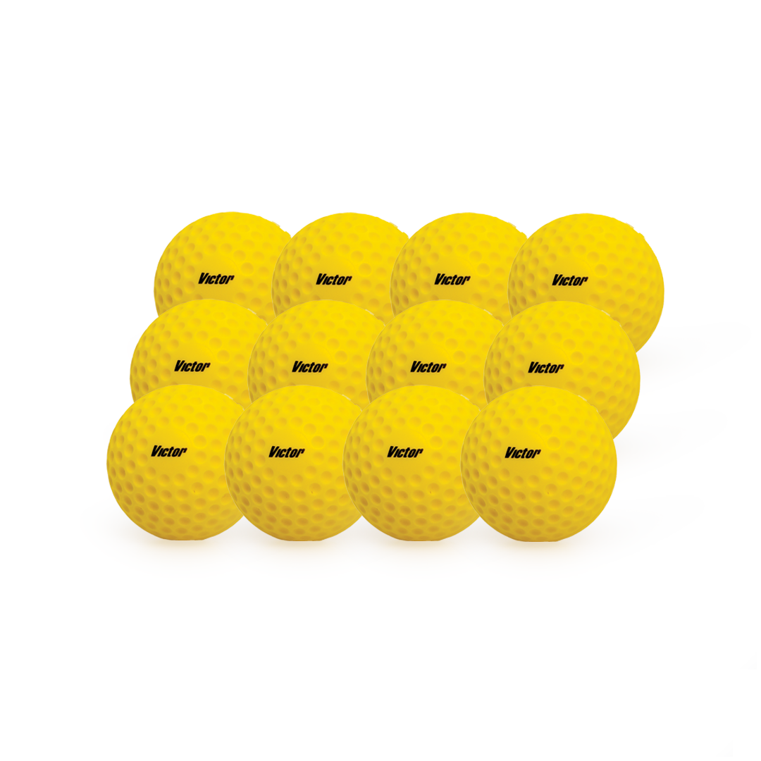 dozen yellow balls with 'Victor' branding on a white background