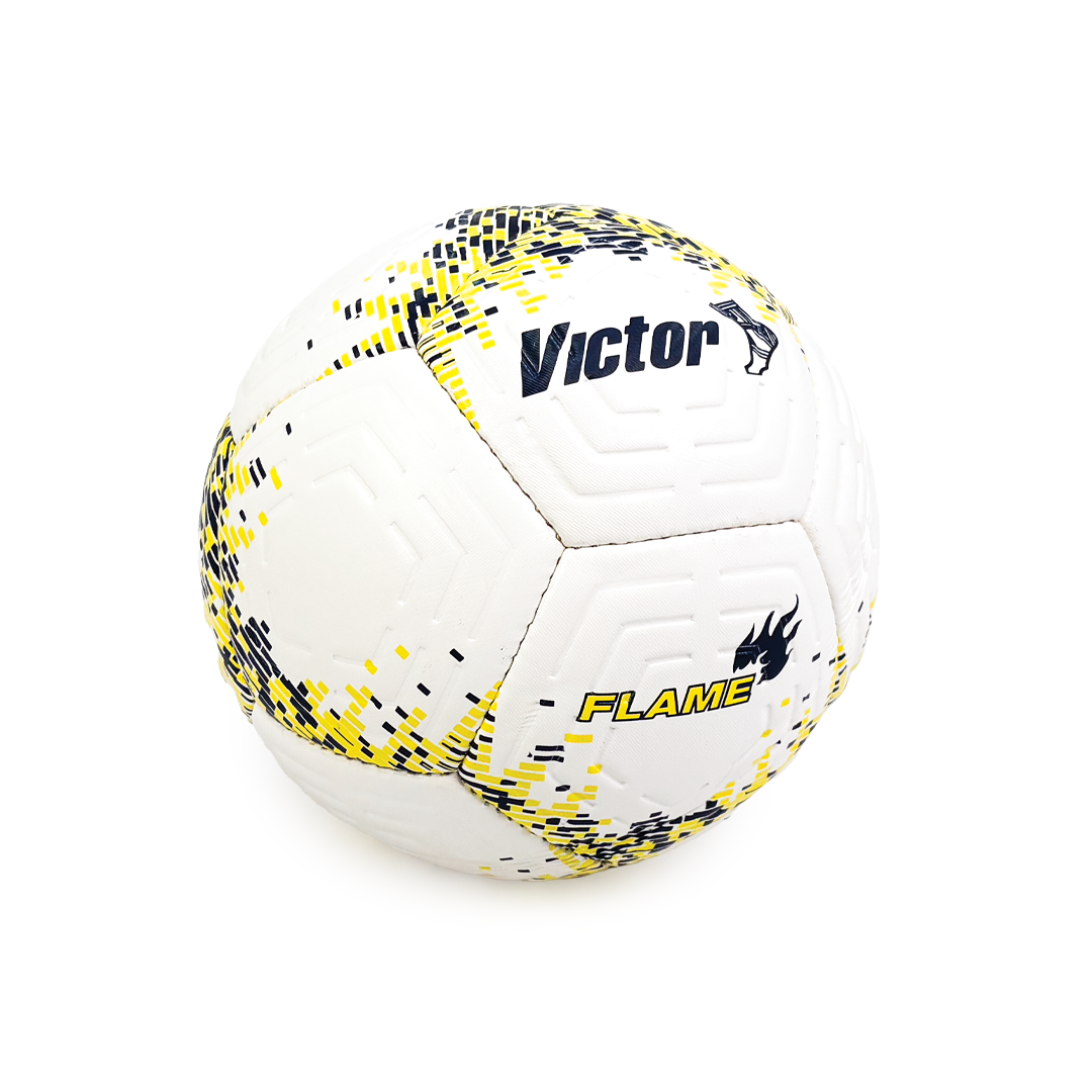 White soccer ball with yellow and black patterns and 'Victor' branding on a white background