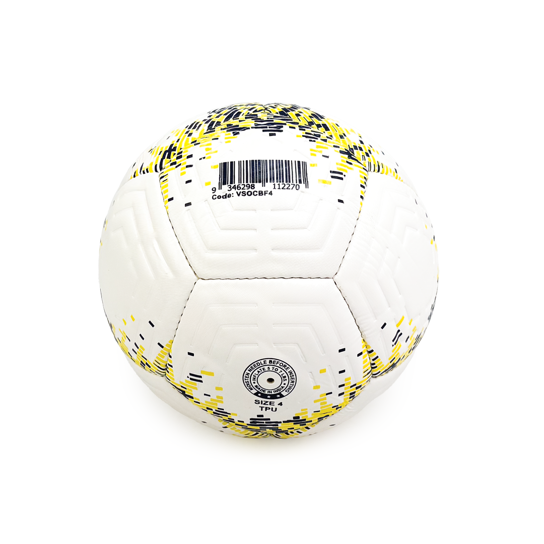 White soccer ball with yellow and black patterns on a white background