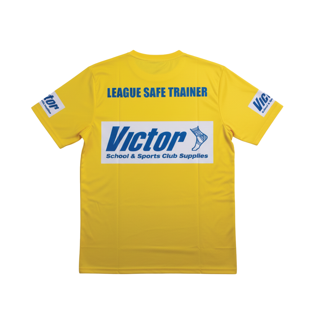 Yellow t-shirt with 'League Safe Trainer' and 'Victor' branding on a white background