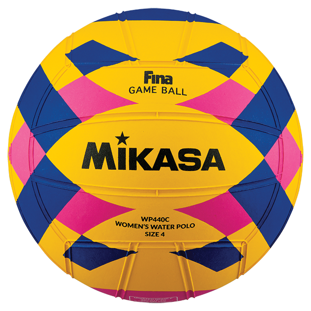 Colorful water polo ball with Mikasa branding on a white background