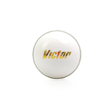 White cricket ball with 'Victor' branding on a white background