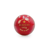 Red cricket ball with gold text on a white background