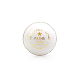 White cricket ball with gold text on a white background