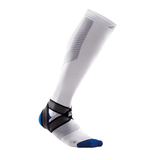 White knee-high sock with black support band on a white background