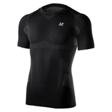 Black compression shirt with brand logo on a white background