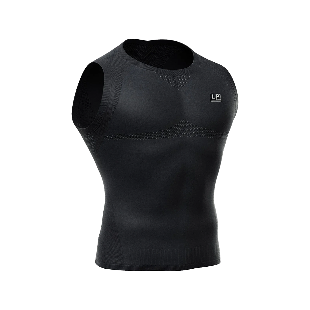 Black sleeveless compression shirt with brand logo on a white background