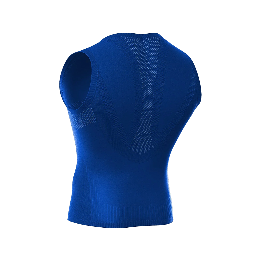 Blue sleeveless compression top on a white background
