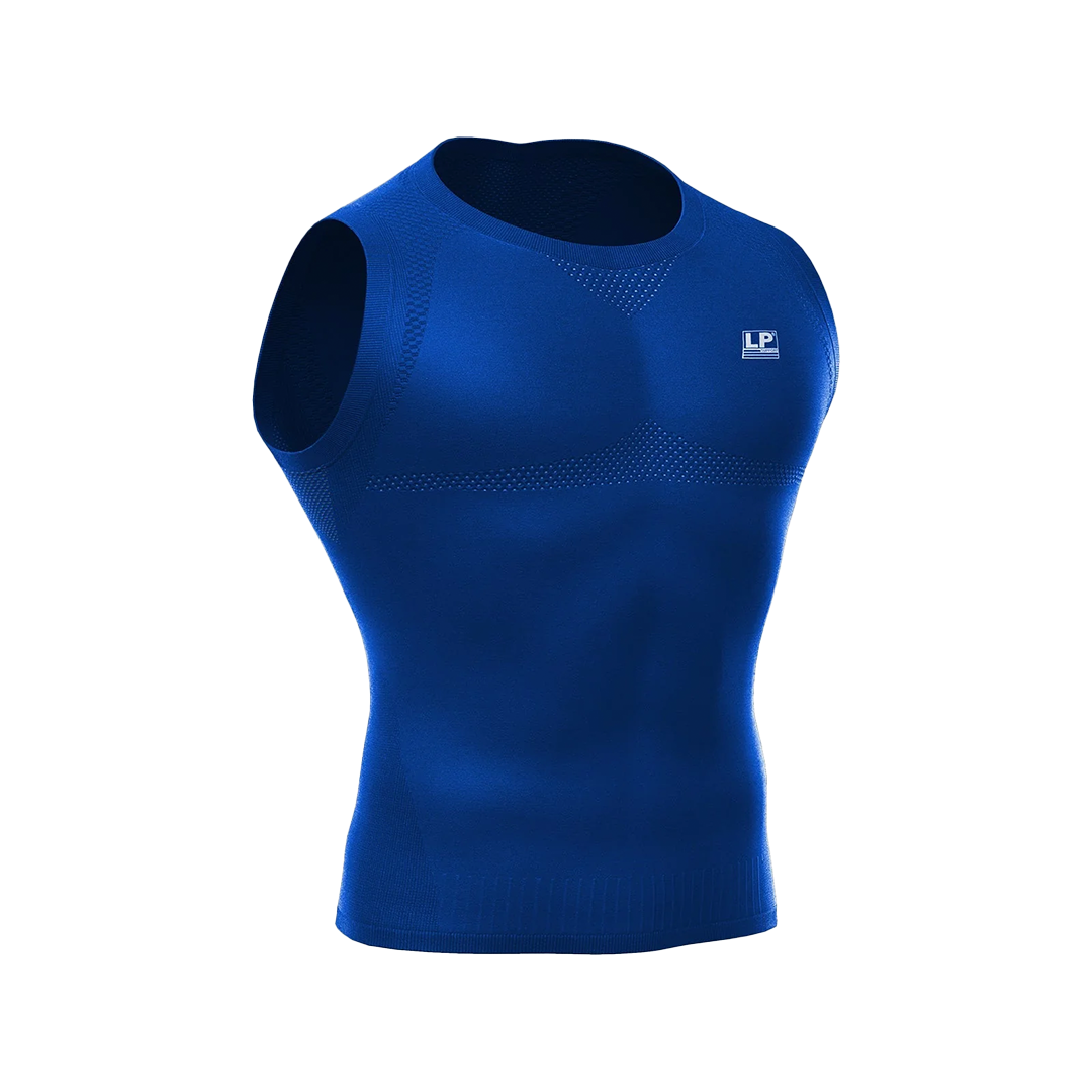 Blue sleeveless compression top with a brand logo on a white background