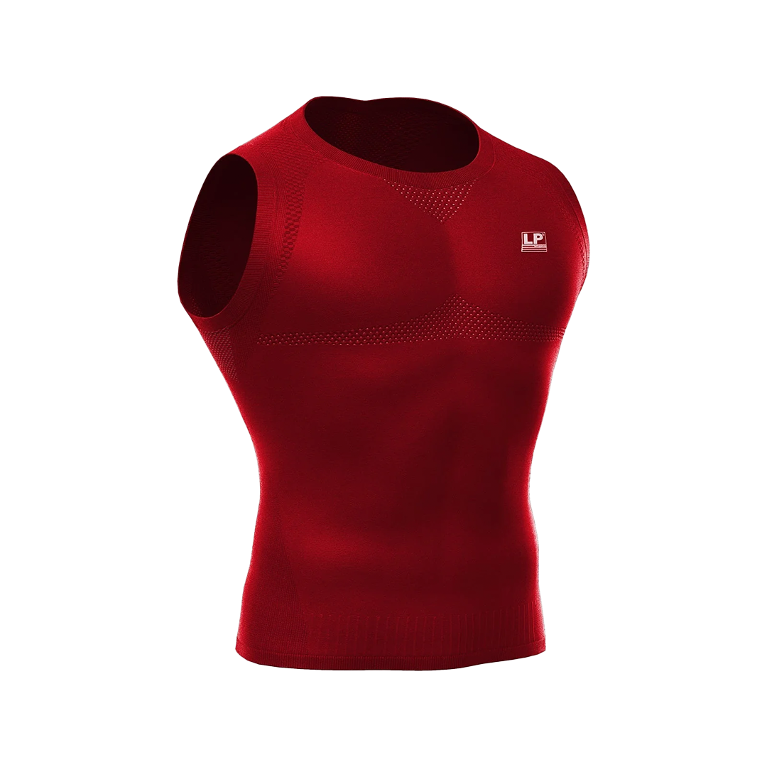 Red sleeveless compression top with a brand logo on a white background
