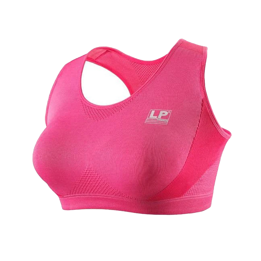 Pink sports bra with a brand logo on a white background
