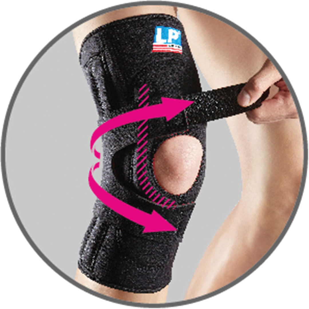 Black knee brace with pink straps and LP logo on a gray background
