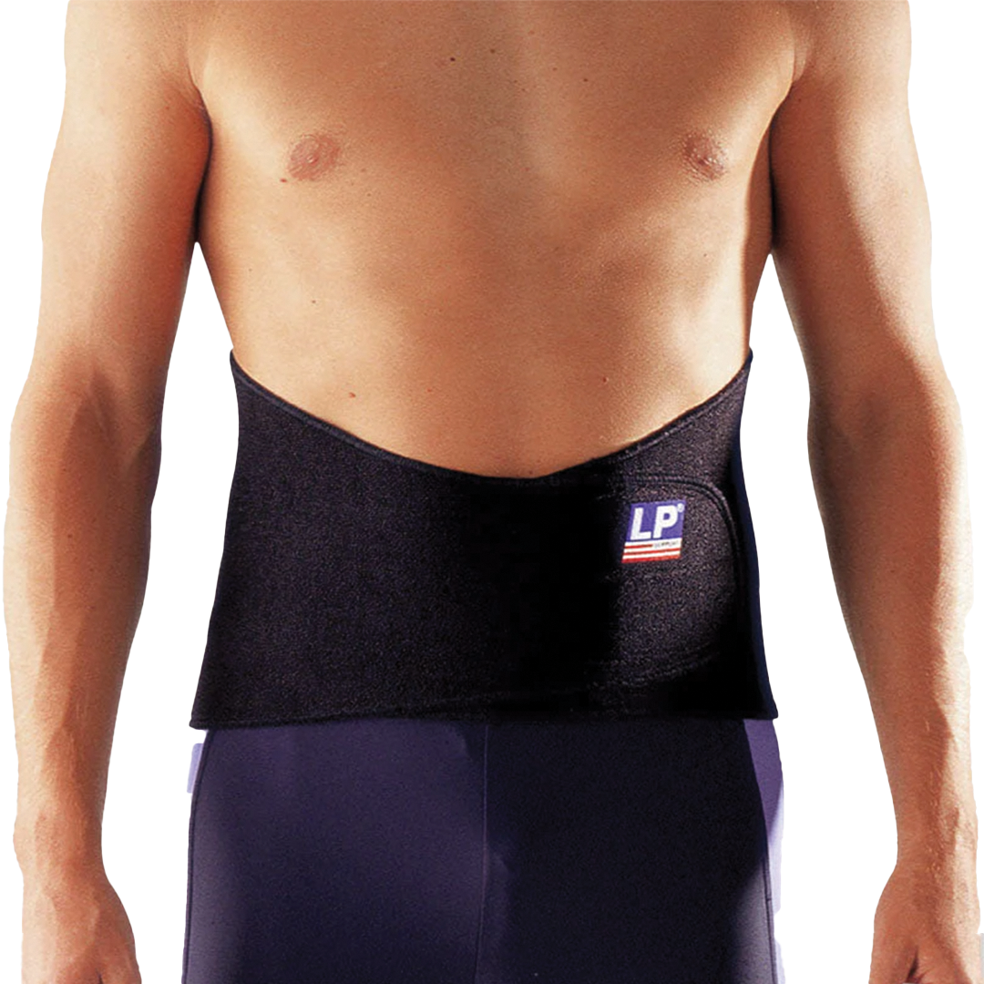 Person wearing a black LP support belt on a white background