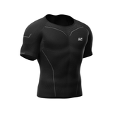 Black athletic compression shirt with brand logo on a white background