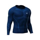 Blue long-sleeve compression shirt with brand logo on a white background