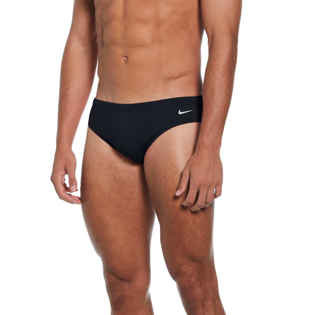 Black men's swim brief with Nike logo on a white background