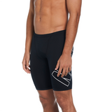 Black swim shorts with a logo on a white background